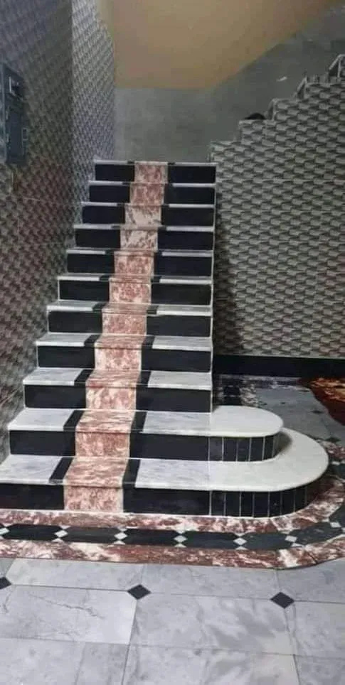 Staircase with a red marble runner down the centre between black granite sides, white marble nosing and a rounded white bottom step